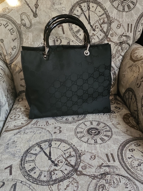 Gucci Handbags - GUCCI Authentic Black GG Cloth Tote With Bamboo Handles Approx 13×10 1/2